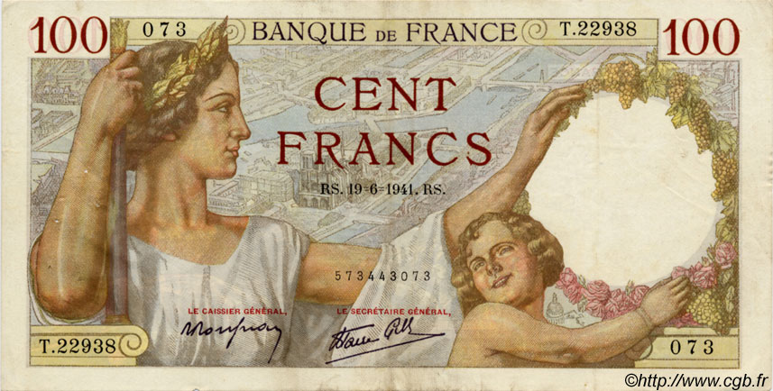 100 Francs SULLY FRANCE  1941 F.26.54 TTB+