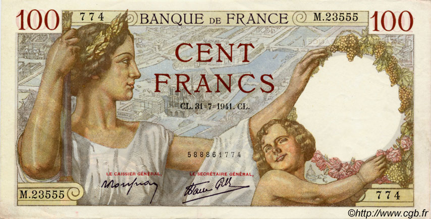 100 Francs SULLY FRANCE  1941 F.26.56 SUP