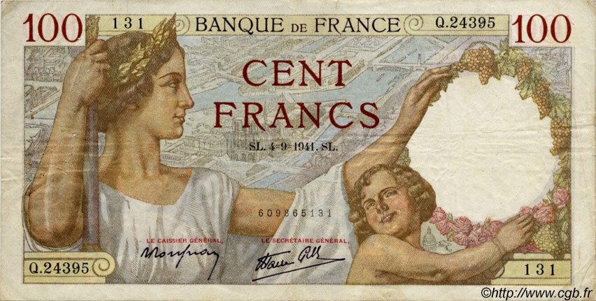 100 Francs SULLY FRANCE  1941 F.26.57 TB+