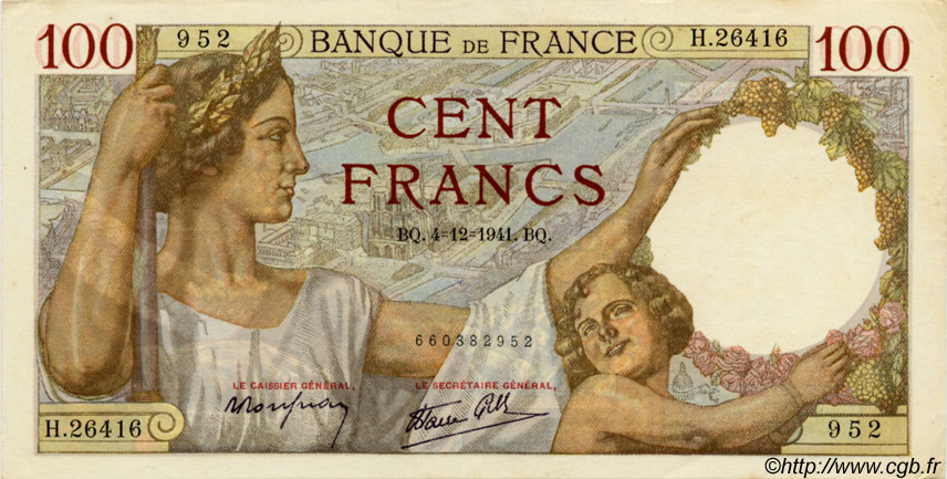 100 Francs SULLY FRANCE  1941 F.26.62 SUP+