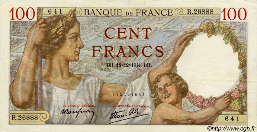 100 Francs SULLY FRANCE  1941 F.26.63 SUP