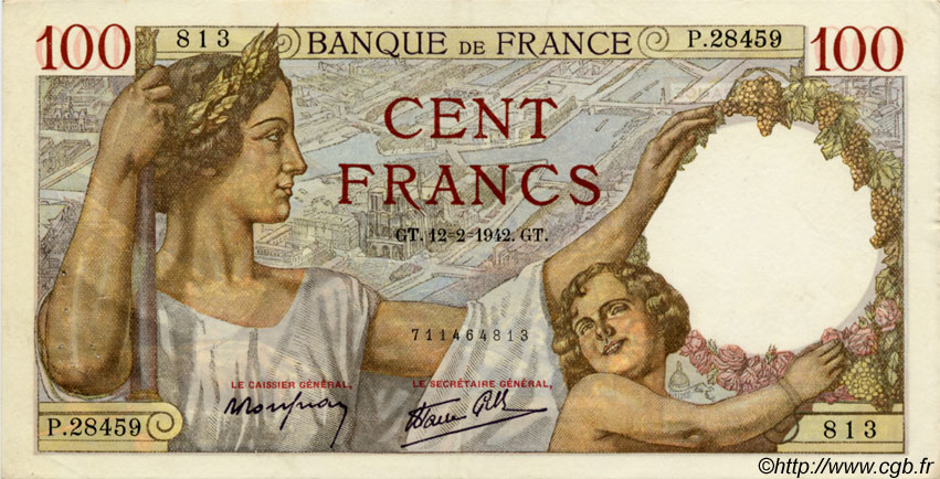 100 Francs SULLY FRANCE  1942 F.26.66 TTB+