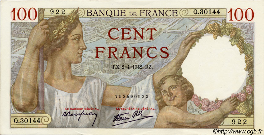 100 Francs SULLY FRANCE  1942 F.26.69 SPL+