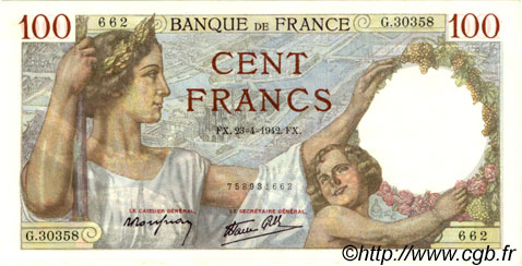 100 Francs SULLY FRANCE  1942 F.26.70 SPL+