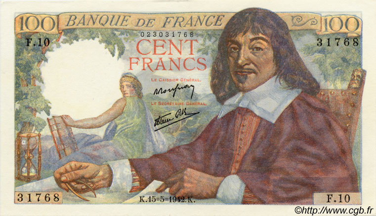 100 Francs DESCARTES FRANCE  1942 F.27.01 SUP+ à SPL