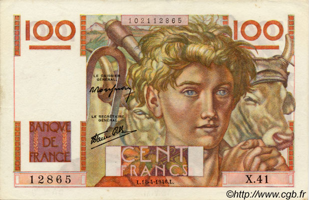 100 Francs JEUNE PAYSAN FRANCE  1946 F.28.03 SPL