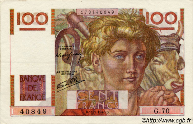 100 Francs JEUNE PAYSAN FRANCE  1946 F.28.06 SUP