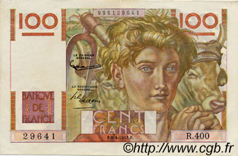 100 Francs JEUNE PAYSAN FRANCE  1951 F.28.29 SUP+