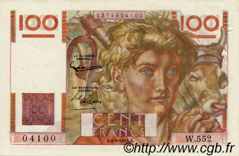 100 Francs JEUNE PAYSAN FRANCE  1953 F.28.38 pr.SUP