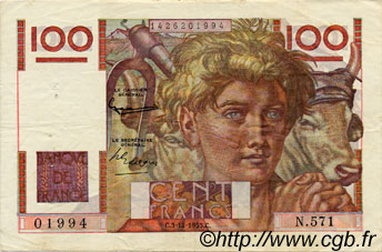 100 Francs JEUNE PAYSAN FRANCE  1953 F.28.40 TTB