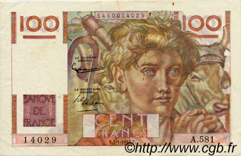 100 Francs JEUNE PAYSAN FRANCE  1954 F.28.41 TTB+
