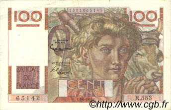 100 Francs JEUNE PAYSAN filigrane inversé FRANCE  1953 F.28bis.02 pr.SUP