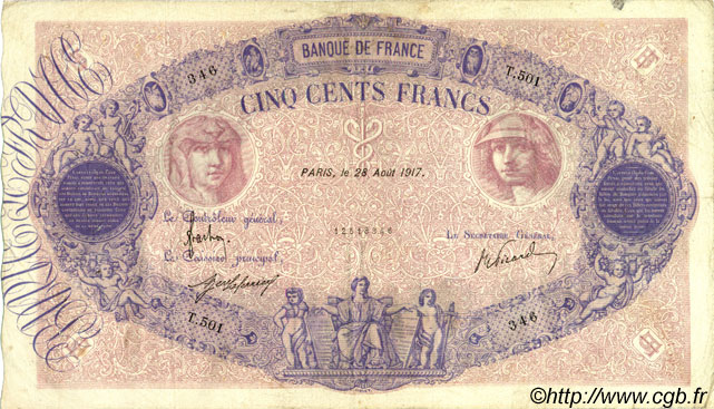 500 Francs BLEU ET ROSE FRANCE  1917 F.30.23 TB+ à TTB