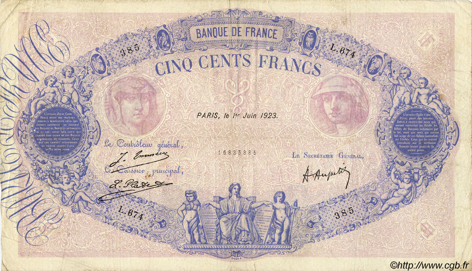 500 Francs BLEU ET ROSE FRANCE  1923 F.30.27 TB