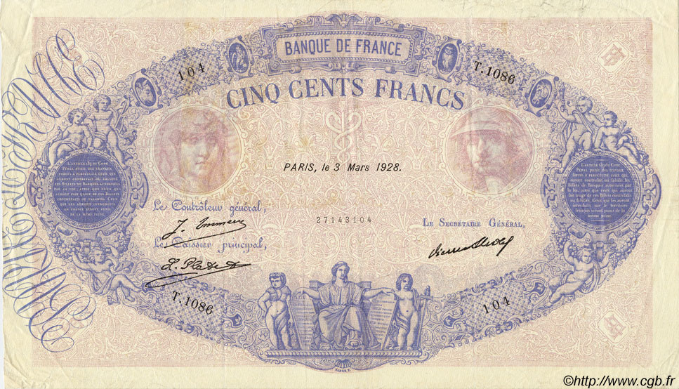 500 Francs BLEU ET ROSE FRANCE  1927 F.30.31 TTB+