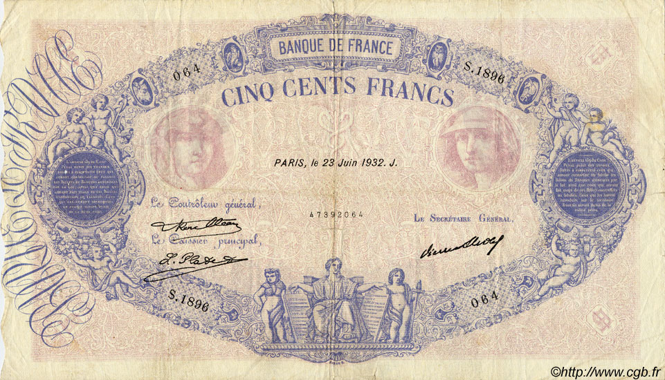 500 Francs BLEU ET ROSE FRANCE  1932 F.30.35 TB