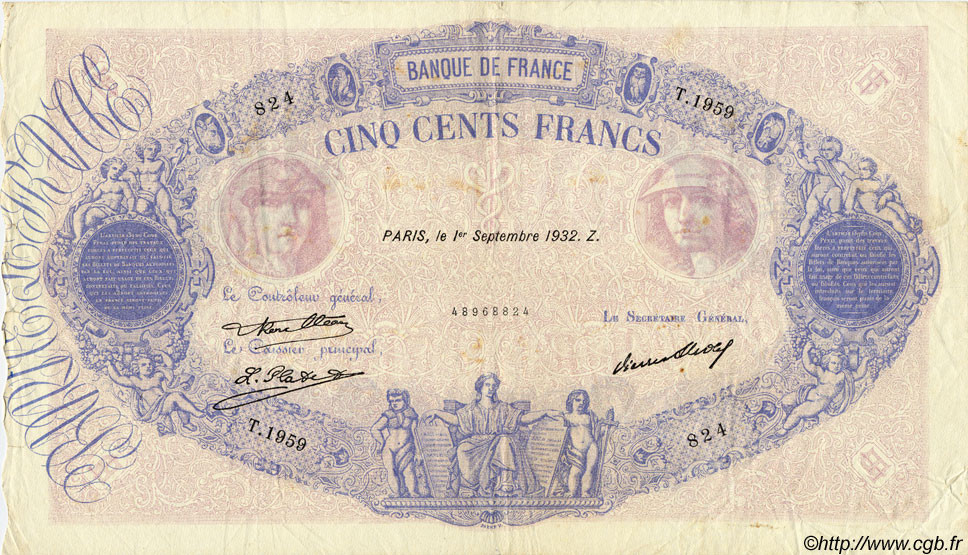 500 Francs BLEU ET ROSE FRANCE  1932 F.30.35 TTB