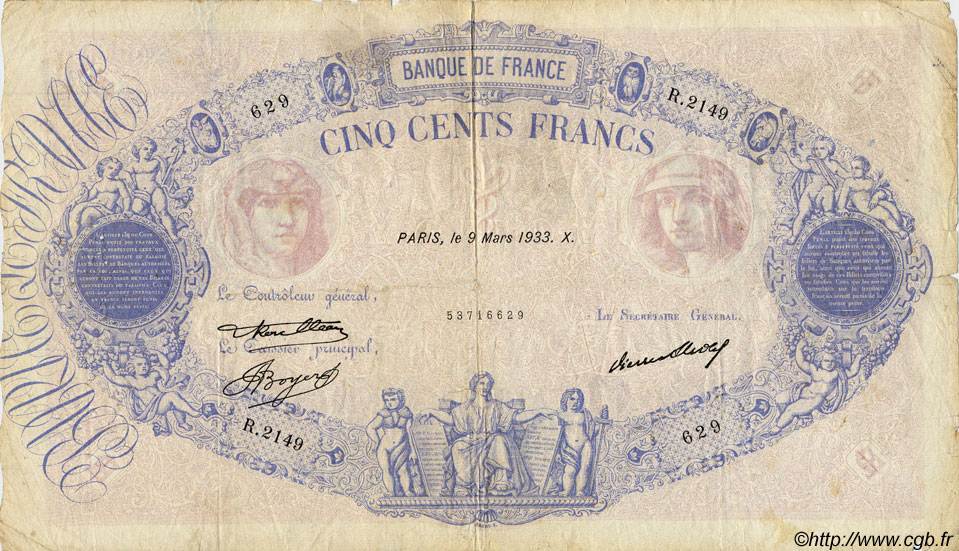 500 Francs BLEU ET ROSE FRANCE  1933 F.30.36 pr.TB