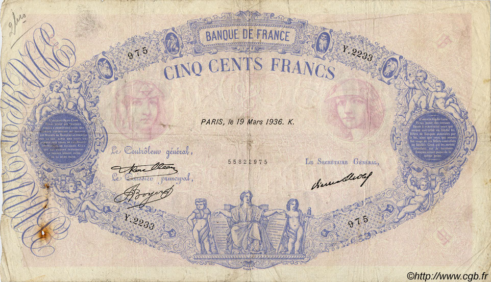 500 Francs BLEU ET ROSE FRANCE  1936 F.30.37 B à TB