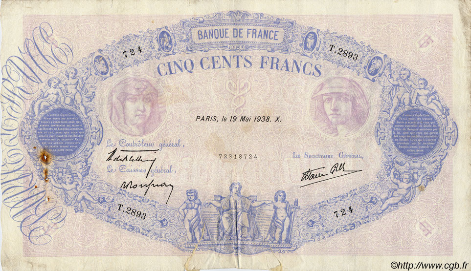 500 Francs BLEU ET ROSE modifié FRANCE  1938 F.31.11 B+