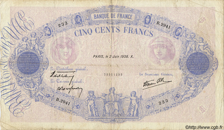 500 Francs BLEU ET ROSE modifié FRANCE  1938 F.31.13 B à TB