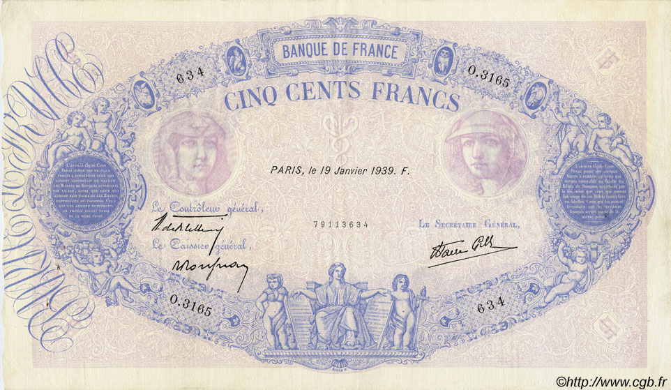 500 Francs BLEU ET ROSE modifié FRANCE  1939 F.31.23 SUP+