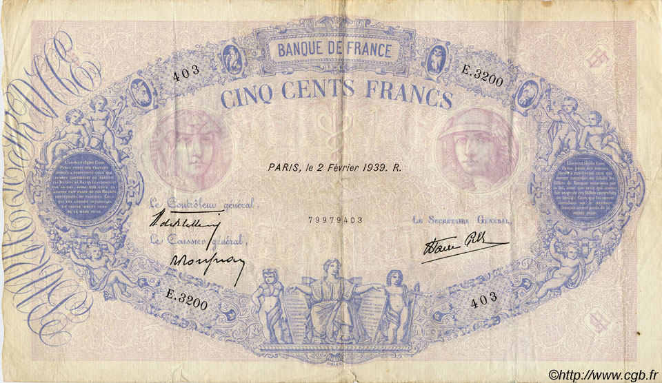 500 Francs BLEU ET ROSE modifié FRANCE  1939 F.31.24 TB+