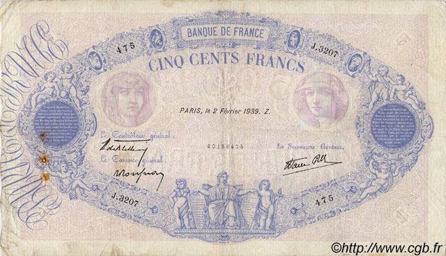 500 Francs BLEU ET ROSE modifié Grand numéro FRANCE  1939 F.31.24 TB