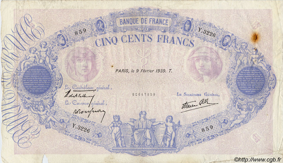 500 Francs BLEU ET ROSE modifié FRANCE  1939 F.31.25 pr.TB