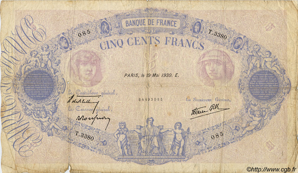 500 Francs BLEU ET ROSE modifié FRANCE  1939 F.31.32 B