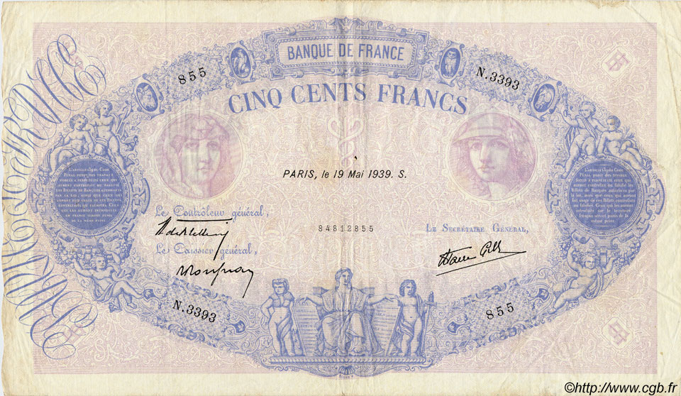 500 Francs BLEU ET ROSE modifié FRANCE  1939 F.31.32 TTB
