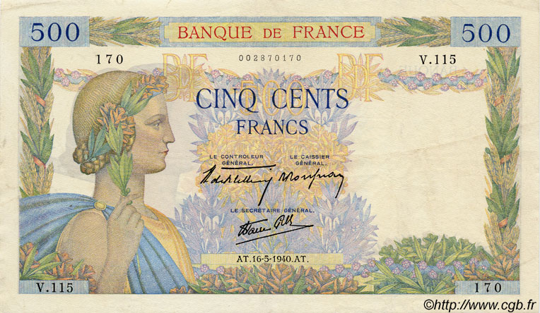 500 Francs LA PAIX FRANCE  1940 F.32.02 TTB+