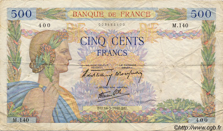 500 Francs LA PAIX FRANCE  1940 F.32.02 pr.TTB