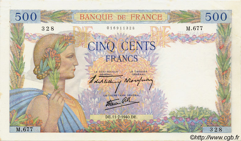500 Francs LA PAIX FRANCE  1940 F.32.04 pr.SPL
