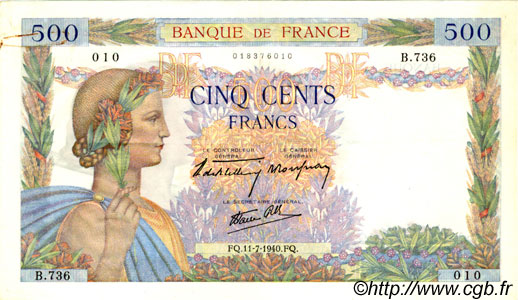 500 Francs LA PAIX FRANCE  1940 F.32.04 TTB+