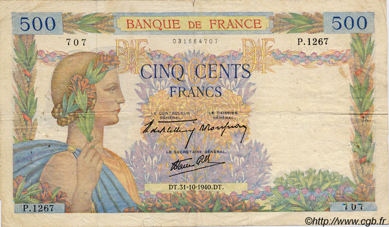 500 Francs LA PAIX FRANCE  1940 F.32.08 TB