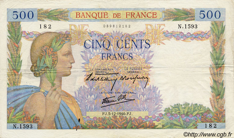 500 Francs LA PAIX FRANCE  1940 F.32.10 TTB