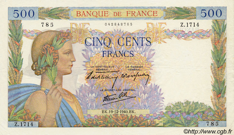 500 Francs LA PAIX FRANCE  1940 F.32.11 XF-
