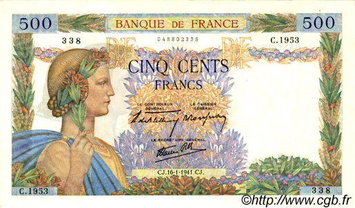 500 Francs LA PAIX FRANCE  1941 F.32.13 SUP+