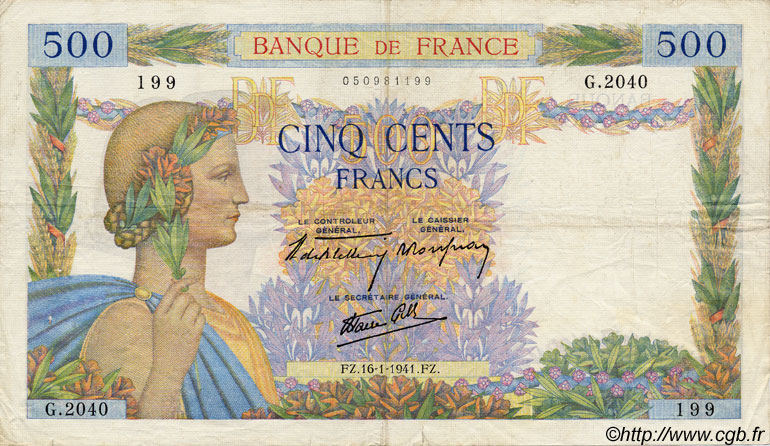 500 Francs LA PAIX FRANCE  1941 F.32.13 pr.TTB