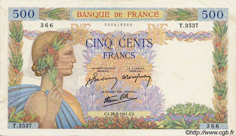 500 Francs LA PAIX FRANCE  1941 F.32.21 TTB