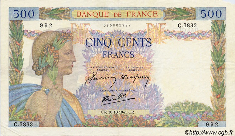 500 Francs LA PAIX FRANCE  1941 F.32.23 TTB