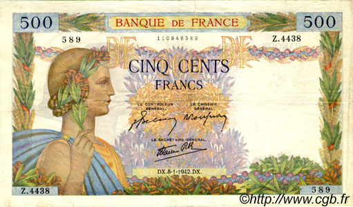 500 Francs LA PAIX FRANCE  1942 F.32.27 TB à TTB