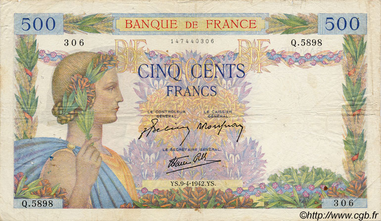 500 Francs LA PAIX FRANCE  1942 F.32.34 TB