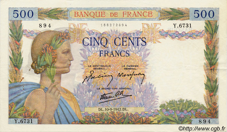 500 Francs LA PAIX FRANCE  1942 F.32.40 TTB+