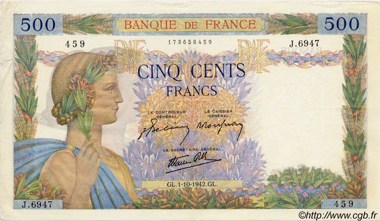 500 Francs LA PAIX FRANCE  1942 F.32.41 TTB