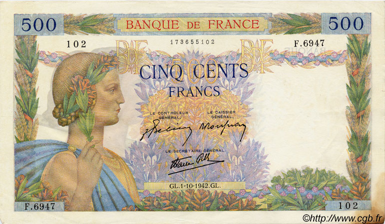 500 Francs LA PAIX FRANCE  1942 F.32.41 TTB+
