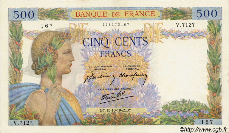 500 Francs LA PAIX FRANCE  1942 F.32.42 pr.SUP
