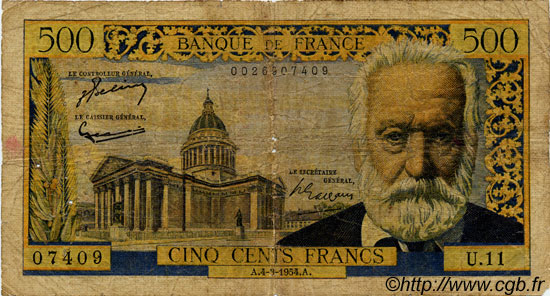 500 Francs VICTOR HUGO FRANCE  1954 F.35.02 pr.B
