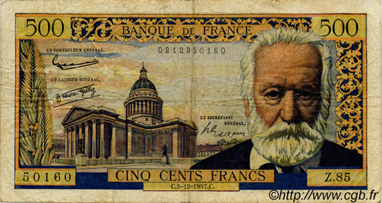 500 Francs VICTOR HUGO FRANCE  1957 F.35.07 B+